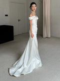 Mermaid Off The Shoulder Pleats Satin Short Sleeves Wedding Dresses Brides Dress SD2099