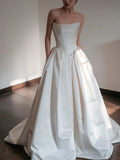 Ball Gown Strapless Neckline Long White Satin Wedding Dresses SD2100