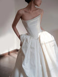 Ball Gown Strapless Neckline Long White Satin Wedding Dresses SD2100