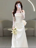 Mermaid Off The Shoulder Pleats Satin Long Sleeves Wedding Dresses Brides Dress SD2102