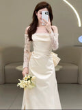 Mermaid Off The Shoulder Pleats Satin Long Sleeves Wedding Dresses Brides Dress SD2102