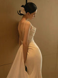 Mermaid Straps Backless Pearls Pleats White Satin Ruffles Wedding Dresses SD2103