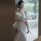 Mermaid Spaghetti Straps Lace Pleats White Ruffles Wedding Dresses SD2104