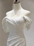 Mermaid Off The Shoulder Pleats Satin Short Sleeves Wedding Dresses Brides Dress SD2105