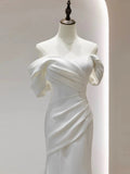 Mermaid Off The Shoulder Pleats Satin Short Sleeves Wedding Dresses Brides Dress SD2105