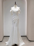 Mermaid Off The Shoulder Pleats Satin Short Sleeves Wedding Dresses Brides Dress SD2105