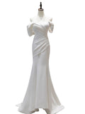 Mermaid Off The Shoulder Pleats Satin Short Sleeves Wedding Dresses Brides Dress SD2105