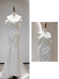 Mermaid Off The Shoulder Pleats Satin Short Sleeves Wedding Dresses Brides Dress SD2105