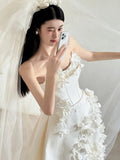 Ball Gown Strapless Neckline Long White Satin Floral Wedding Dresses SD2108