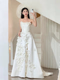 Ball Gown Strapless Neckline Long White Satin Floral Wedding Dresses SD2108