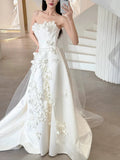 Ball Gown Strapless Neckline Long White Satin Floral Wedding Dresses SD2108