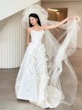 Ball Gown Strapless Neckline Long White Satin Floral Wedding Dresses SD2108
