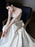 Sheath Strapless Neckline Long White Satin Floral Wedding Dresses SD2109