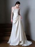 Sheath Strapless Neckline Long White Satin Floral Wedding Dresses SD2109