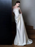 Sheath Strapless Neckline Long White Satin Floral Wedding Dresses SD2109