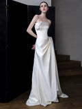 Sheath Strapless Neckline Long White Satin Floral Wedding Dresses SD2109