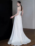 Sheath Strapless Neckline Long White Satin Floral Wedding Dresses SD2109