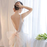 Mermaid Straps Backless Pearls Pleats White Satin Wedding Dresses SD2110