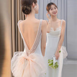 Mermaid Straps Backless Pearls Pleats White Satin Wedding Dresses SD2110