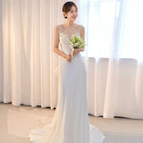 Mermaid Straps Backless Pearls Pleats White Satin Wedding Dresses SD2110