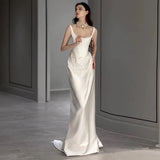 Mermaid Square Neckline Satin Pleats White Wedding Dresses SD2111 HZ0628