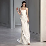 Mermaid Square Neckline Satin Pleats White Wedding Dresses SD2111