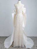 Mermaid Off The Shoulder Short Sleeves Long White Sequin Wedding Dresses SD2112