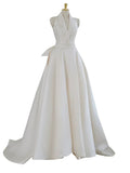 Ball Gown Halter Neckline Satin Pleats White Wedding Dresses SD2113