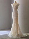 Sheath V Neckline Cap Sleeves Lace Ivory Wedding Dresses SD2115