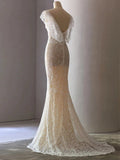 Sheath V Neckline Cap Sleeves Lace Ivory Wedding Dresses SD2115