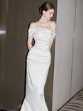 Mermaid Off The Shoulder Short Sleeves Long White Wedding Dresses SD2116