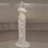 Mermaid Off The Shoulder Short Sleeves White Satin Wedding Dresses SD2123