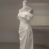 Mermaid Off The Shoulder Short Sleeves White Satin Wedding Dresses SD2123