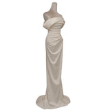 Mermaid Off The Shoulder Short Sleeves White Satin Wedding Dresses SD2123