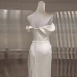 Mermaid Off The Shoulder Short Sleeves White Satin Wedding Dresses SD2123