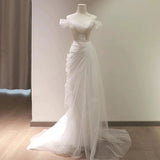 Mermaid Off The Shoulder Tulle White Wedding Dresses SD2126