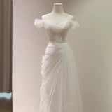 Mermaid Off The Shoulder Tulle White Wedding Dresses SD2126