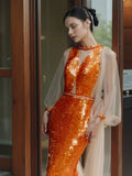 Mermaid Scoop Orange Sequin Long Prom Dress Evening Dress Formal Dress SD2136