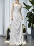 A line Spaghetti Straps White Satin Long Wedding Dresses SD2140