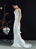 A line Straps White Satin Long Wedding Dresses Bridal Dress SD2143