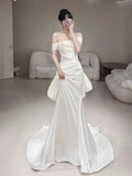 Mermaid Off The Shoulder White Satin Long Wedding Dresses Bridal Dress SD2145
