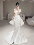 Mermaid Off The Shoulder White Satin Long Wedding Dresses Bridal Dress SD2145