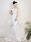 Mermaid Off The Shoulder White Satin Long Wedding Dresses Bridal Dress SD2145