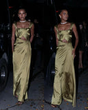 A line Square Neckline Green Satin Long Prom Dress Evening Dress Formal Dress SD2170