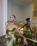 A line Square Neckline Green Satin Long Prom Dress Evening Dress Formal Dress SD2157