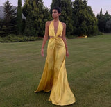 A line Halter Neckline Long Yellow Prom Dress Evening Dress Formal Dress SD2161