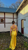 Mermaid Spaghetti Straps Floor Length Yellow Evening Dress Backless Prom Dresses SD2163