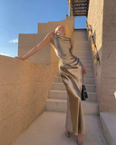 Mermaid Straps Neckline Champagne Satin Long Prom Dress Evening Dress Formal Dress SD2175