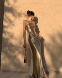 Mermaid Straps Neckline Champagne Satin Long Prom Dress Evening Dress Formal Dress SD2175