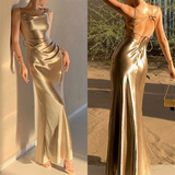 Mermaid Straps Neckline Champagne Satin Long Prom Dress Evening Dress Formal Dress SD2175